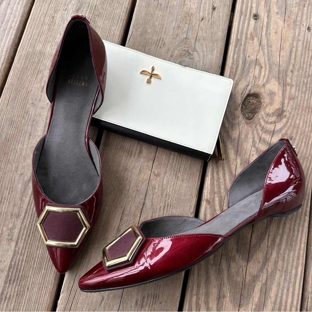 Stuart Weitzman Hexus D'orsay Flat Hexagon Burgundy Patent Leather 8.5 N